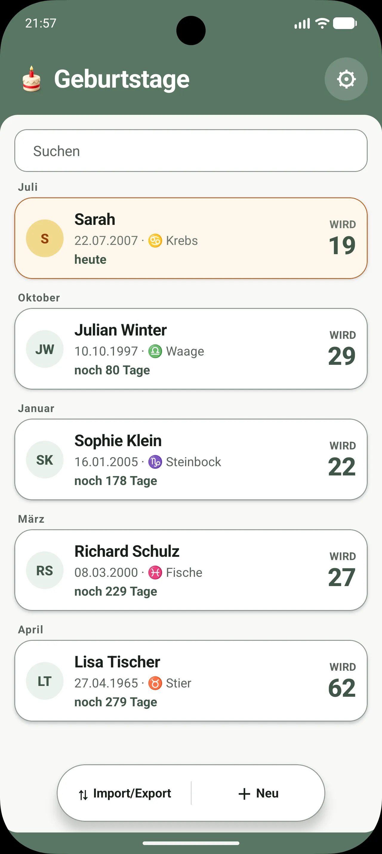 Die Geburtstage-App mit einer übersichtlichen Liste bevorstehender Geburtstage