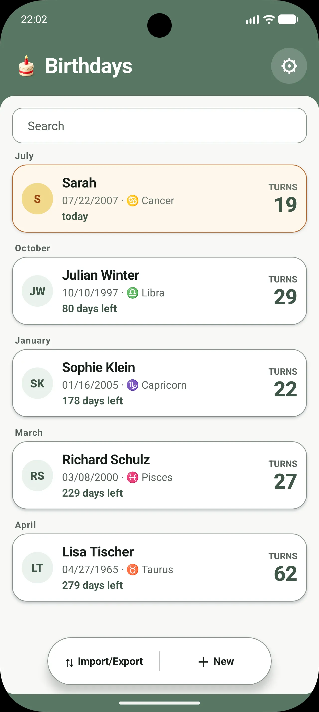 The Birthdays app showing a clear list of upcoming birthdays